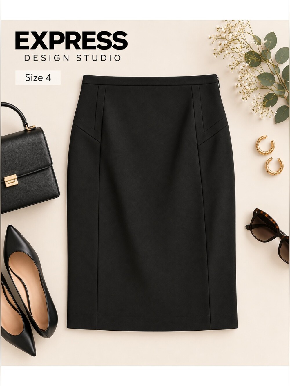 Express Design Studio Minimalist Classic Black Pencil Skirt, Size 4